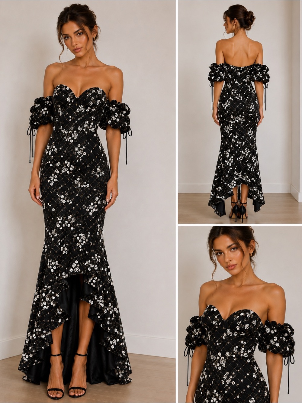 NWT Bariano Size US 4 a Black and White Floral Off-Shoulder Strapless Gown